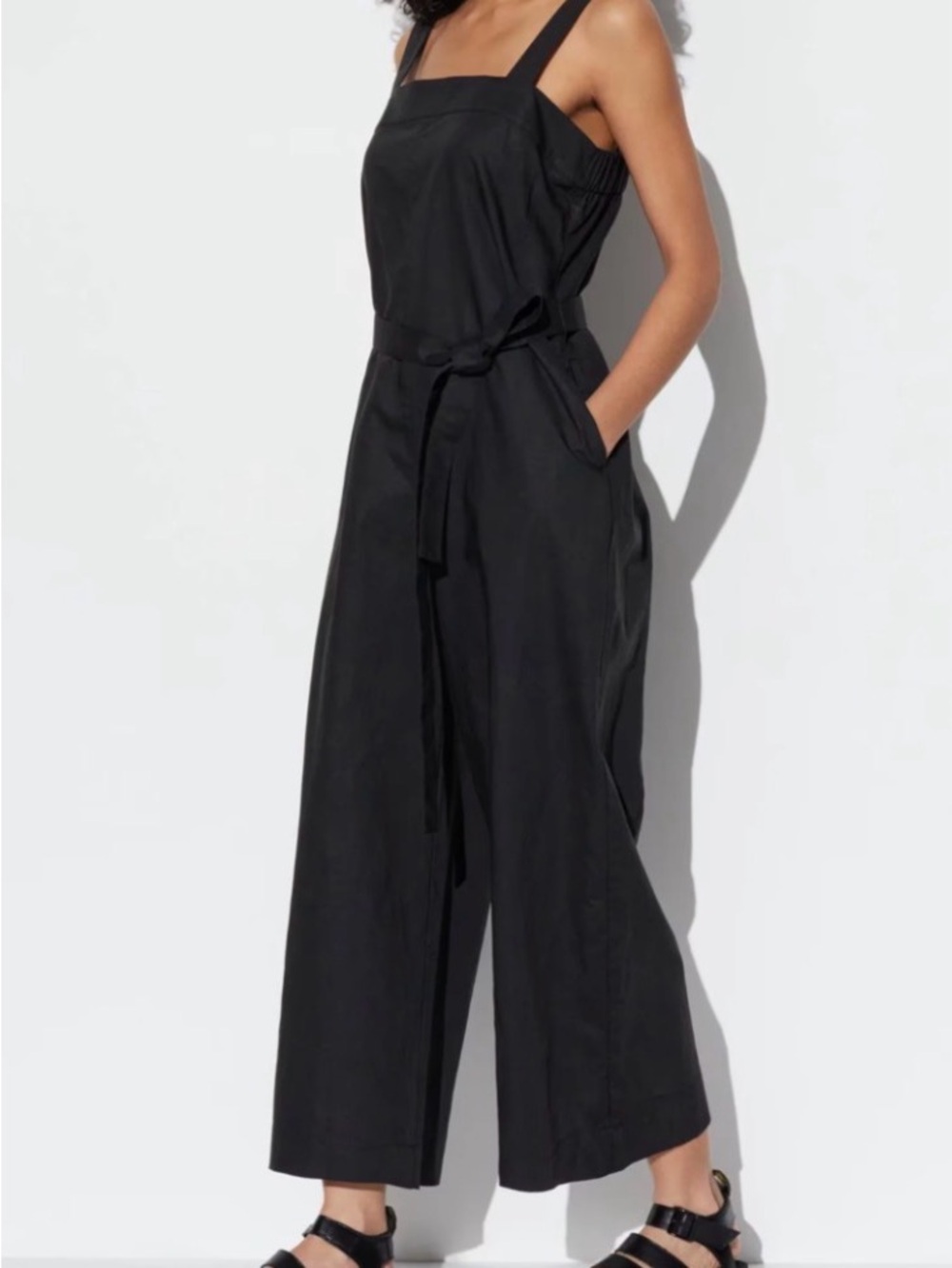 Uniqlo Black Square-Neck Wide-Leg Jumpsuit with Waist Tie